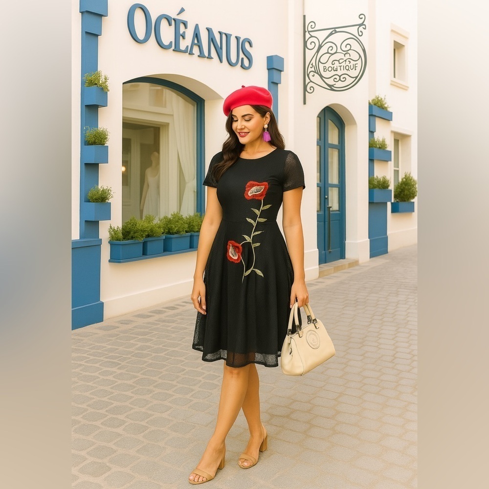 Black Dress with Red Floral Embroidery